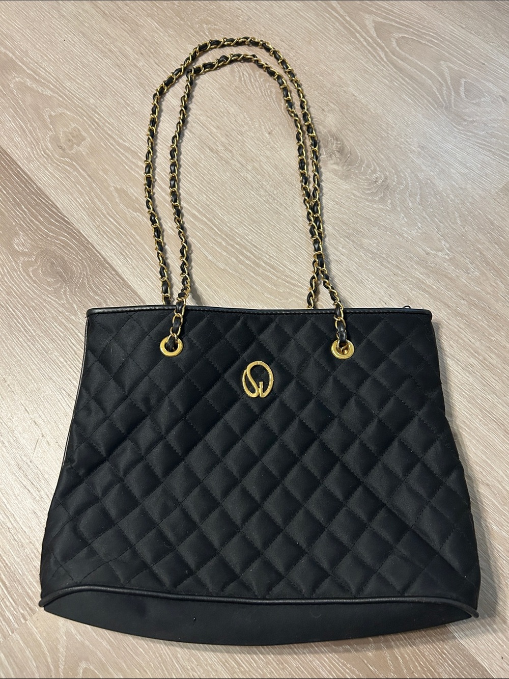 St. John Vintage Black Quilted Chain-Handle Gold Accen Tote Bag